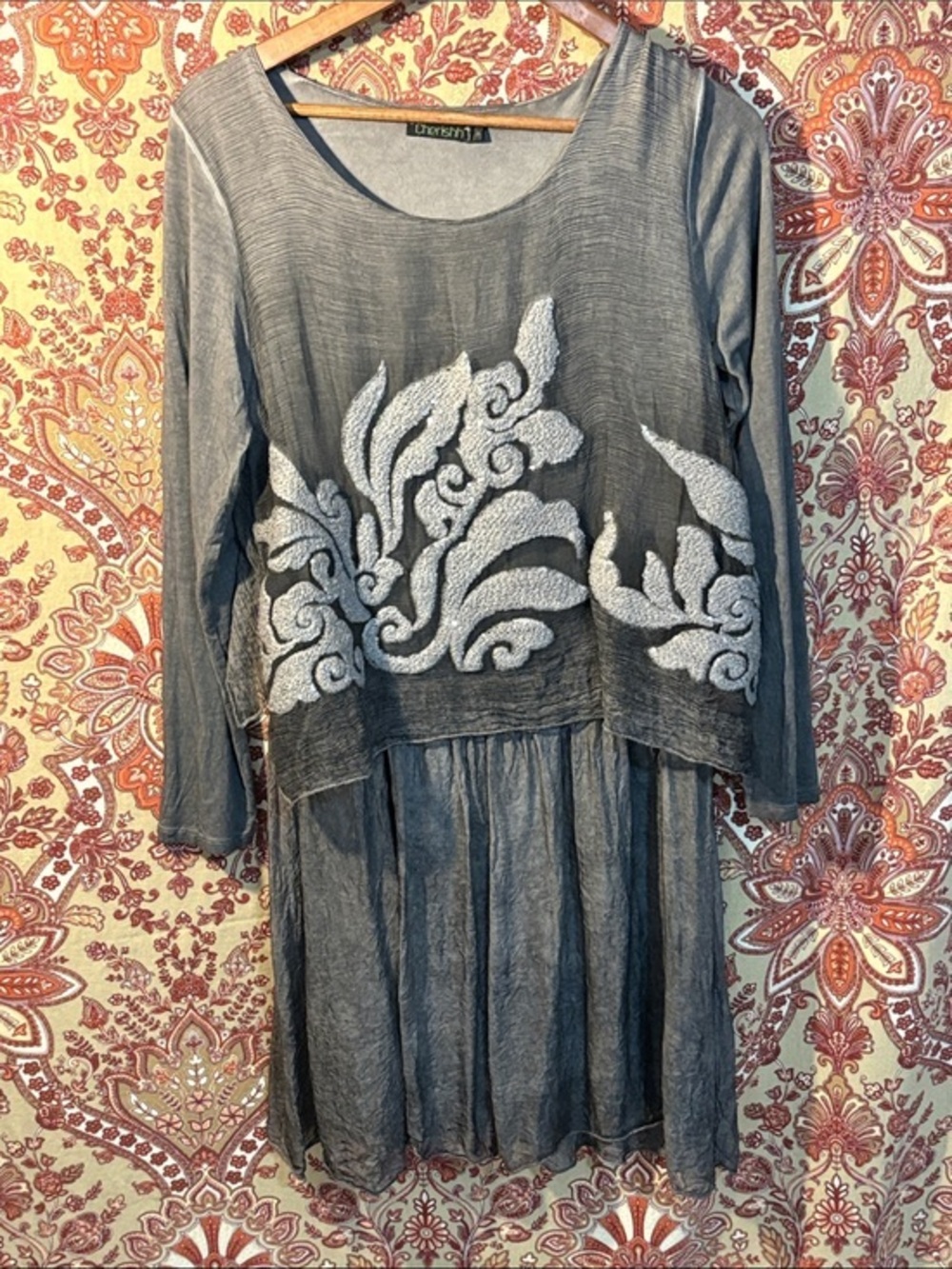 CHERISHH M Italian Silk blend Gray Embroidered Long-Sleeve dress w sequins